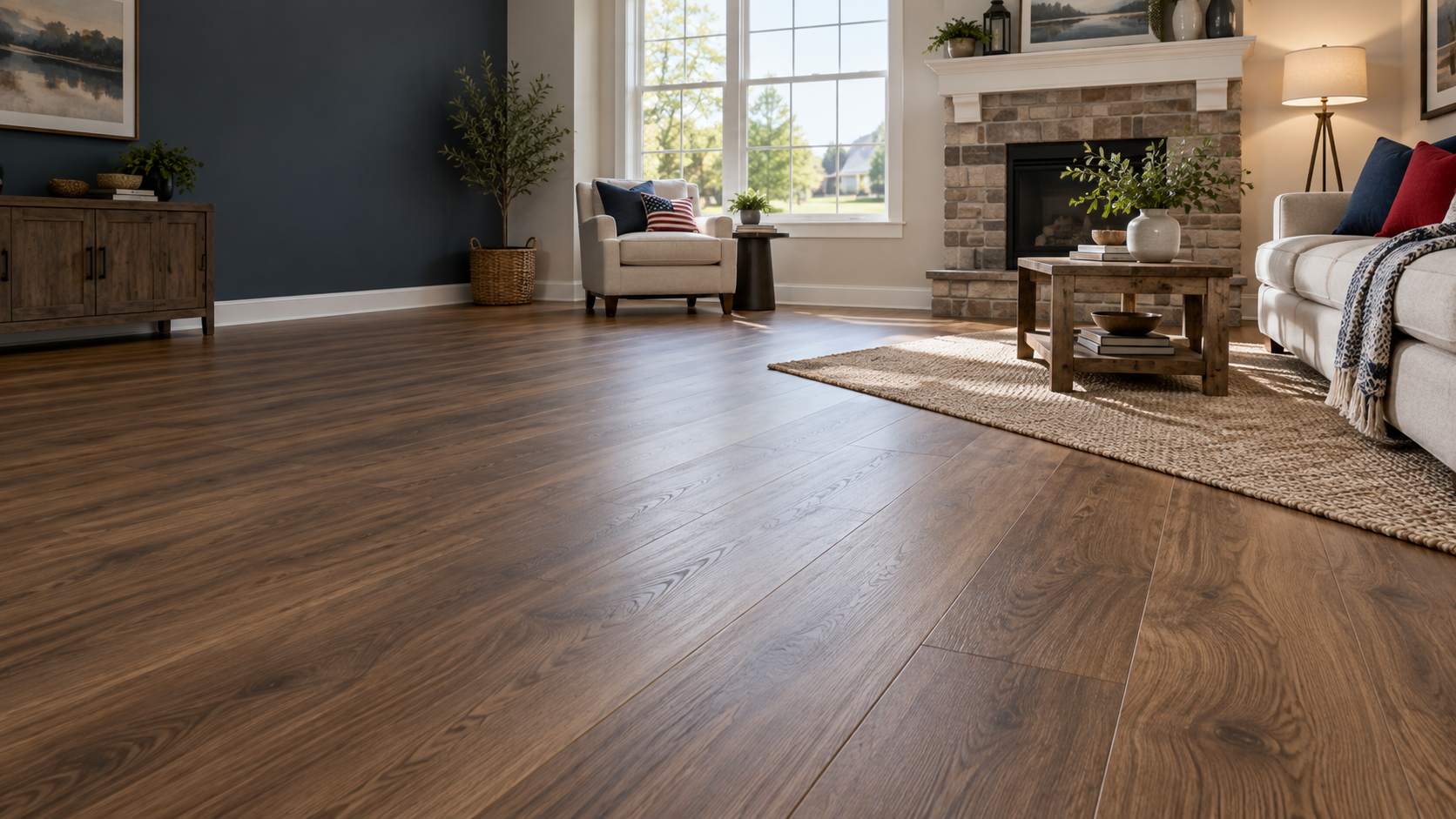Finished living room with newly installed luxury vinyl plank flooring